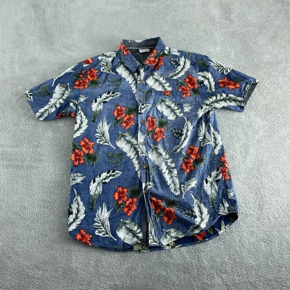 Ron Jon Surf Shop Hawaiian Floral Shirt XL Blue & Red Cotton 1204